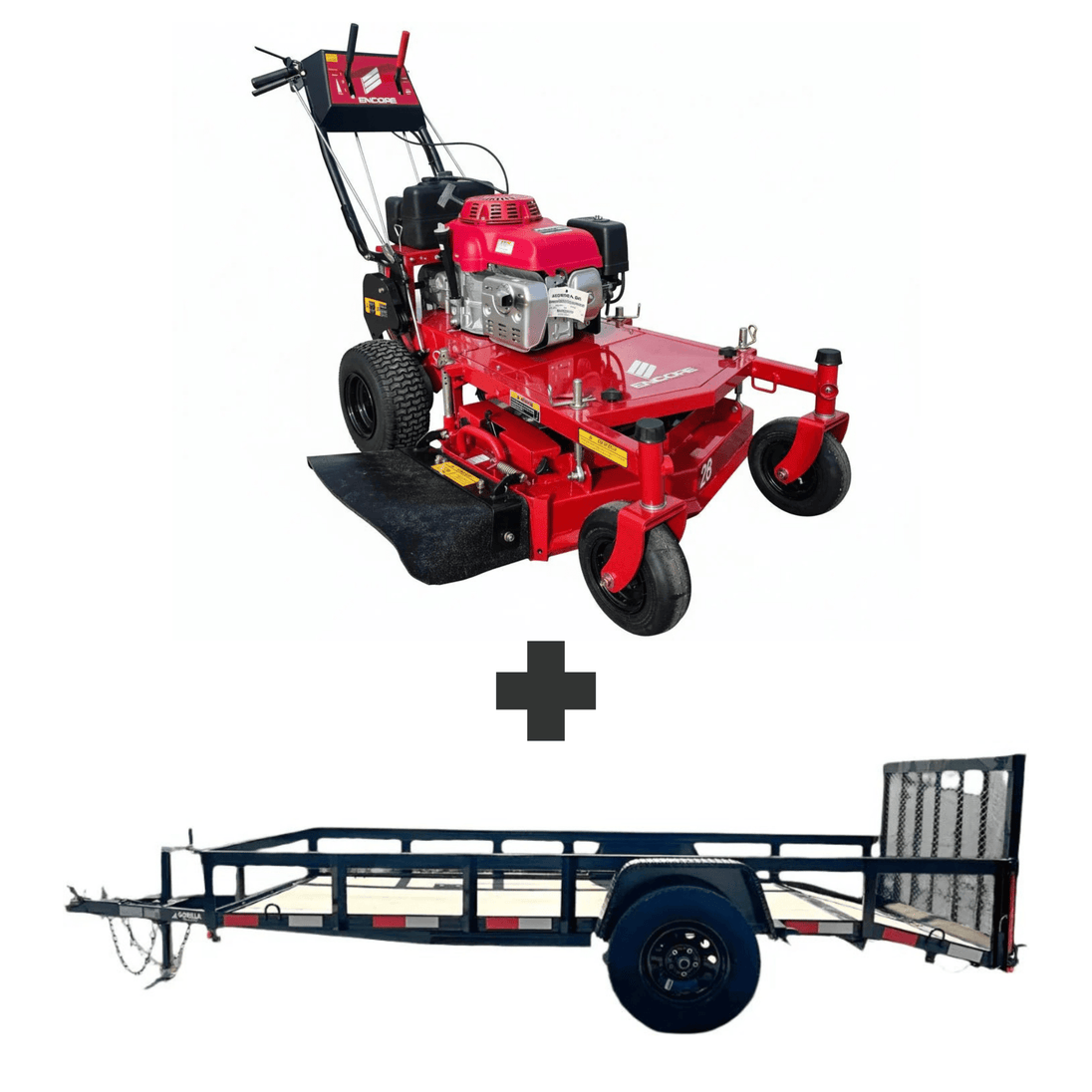 Bundle includes Encore 28 in walk-behind mower with 10.5 HP Honda engine and a 5x10 utility trailer with 3500 lb axle and loading gate for hauling equipment.