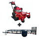 Bundle includes Encore 28 in walk-behind mower with 10.5 HP Honda engine and a 5x10 utility trailer with 3500 lb axle and loading gate for hauling equipment.