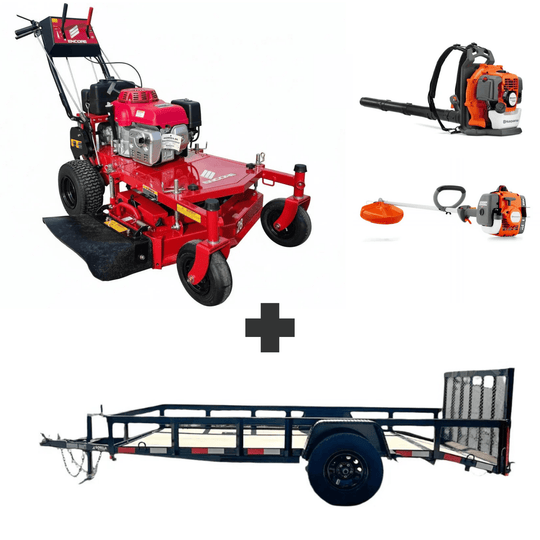 Bundle includes Encore 28 in mower with 10.5 HP Honda engine, Husqvarna 150BT blower, Husqvarna 122L trimmer, and a 5x10 utility trailer with 3500 lb axle.