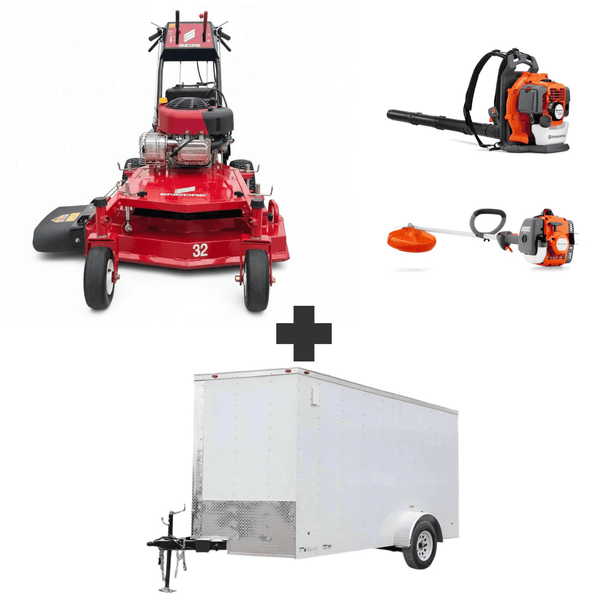 Encore 32" mower with 10.5HP Briggs engine, Husqvarna 150BT blower, and 122L trimmer. Includes 6x12 V-nose enclosed trailer with ramp and side door for hauling.