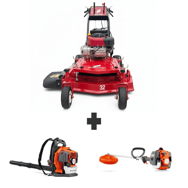 Encore 32" mower with 10.5HP Briggs engine, Husqvarna 150BT blower, and 122L trimmer. Reliable power for mowing, trimming, and yard cleanup.