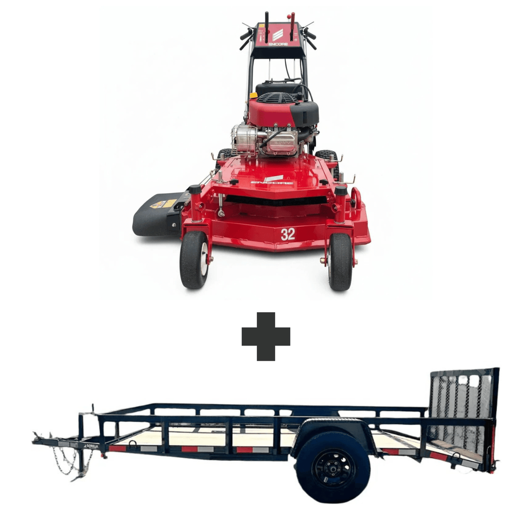 Encore 32" mower with 10.5HP Briggs engine and floating deck for a smooth cut. Includes durable 5x10 utility trailer with ramp gate and 3,500 lb axle for hauling.