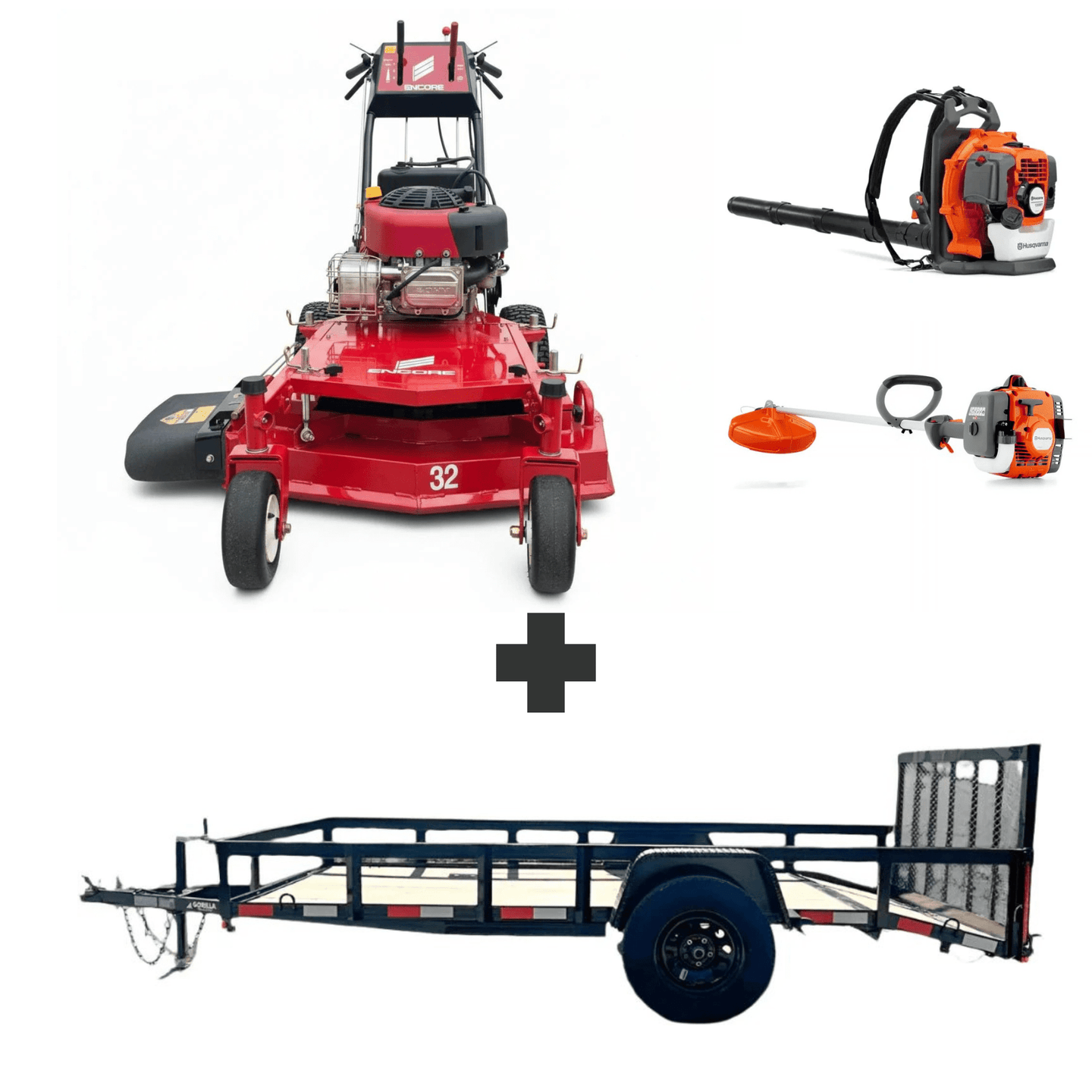 Encore 32" mower with 10.5HP Briggs engine, Husqvarna 150BT blower, and 122L trimmer. Includes heavy-duty 5x10 utility trailer with ramp gate for hauling.