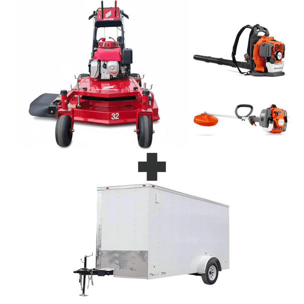 Bundle includes Encore 32 in mower with 10.5 HP Honda engine, Husqvarna 150BT blower, Husqvarna 122L trimmer, and a 6x12 V-nose enclosed trailer.