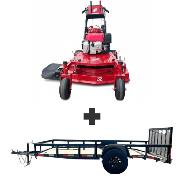 Bundle includes Encore 32 in mower with 10.5 HP Honda engine and a 5x10 utility trailer with 3500 lb axle and loading gate for easy equipment transport.