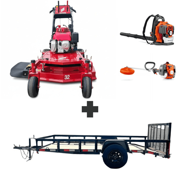 Bundle includes Encore 32 in mower with 10.5 HP Honda engine, Husqvarna 150BT blower, Husqvarna 122L trimmer, and 5x10 utility trailer with 3500 lb axle.