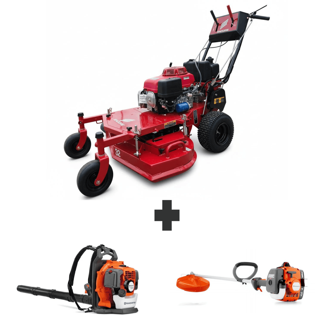 Bundle includes Encore 32 in mower with 10.5 HP Honda engine, Husqvarna 150BT blower, and Husqvarna 122L trimmer for reliable mowing, trimming, and cleanup.