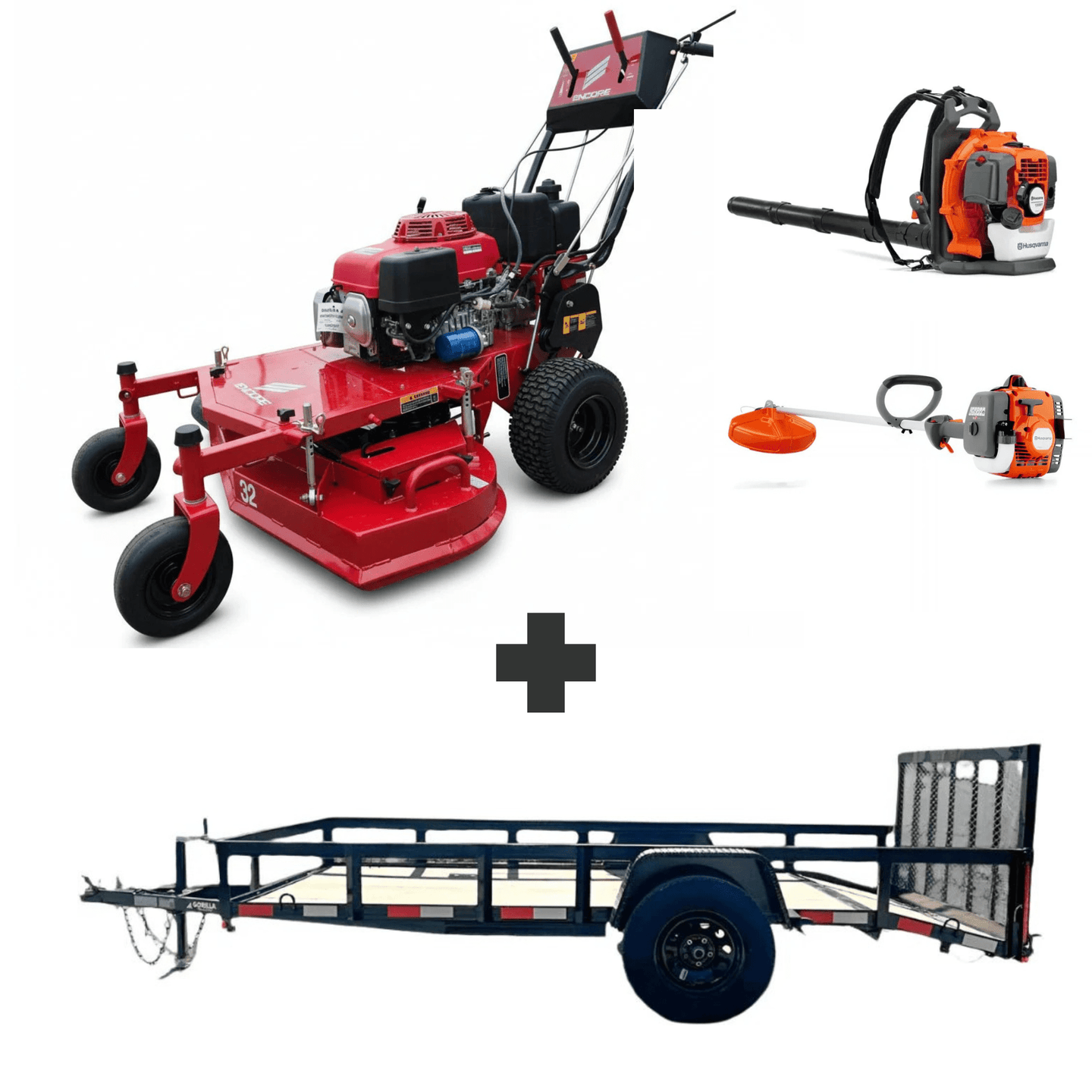 Bundle includes Encore 32 in mower with 10.5 HP Honda engine, Husqvarna 150BT blower, and Husqvarna 122L trimmer for reliable mowing, trimming, and cleanup.