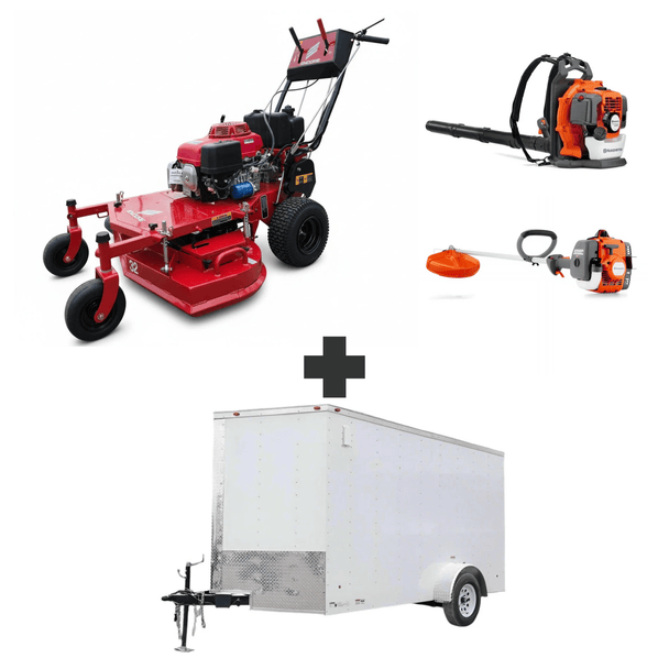 Encore 32" mower with 10.5HP Honda, Husqvarna 150BT blower, and 122L trimmer. Includes 6x12 enclosed trailer with ramp and side door for hauling equipment.