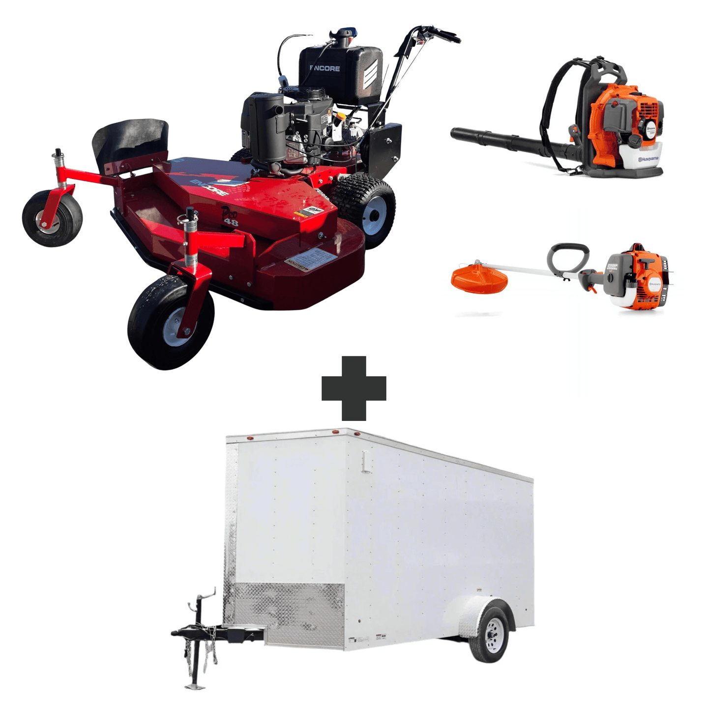 Bundle includes Encore 48 in walk-behind mower with 14.5 HP Kawasaki engine and a 5x10 utility trailer with 3500 lb axle and loading gate for hauling equipment.
