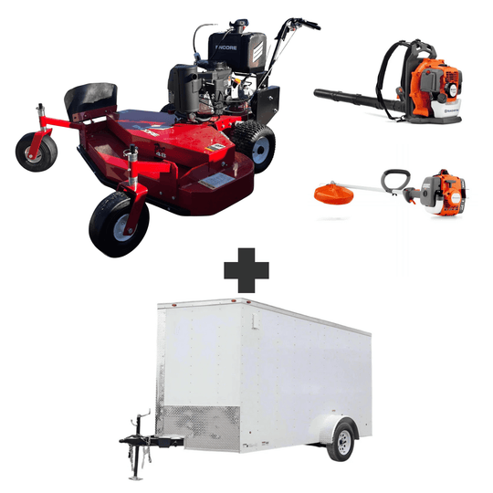 Bundle includes Encore 48 in walk-behind mower with 14.5 HP Kawasaki engine and a 5x10 utility trailer with 3500 lb axle and loading gate for hauling equipment.