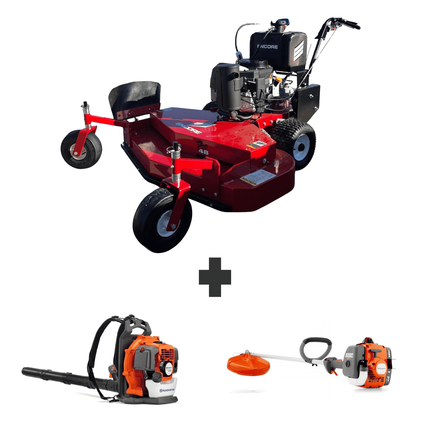 Bundle includes Encore 48 in mower with 14.5 HP Kawasaki engine, Husqvarna 150BT blower, and Husqvarna 122L trimmer for powerful mowing and yard cleanup.
