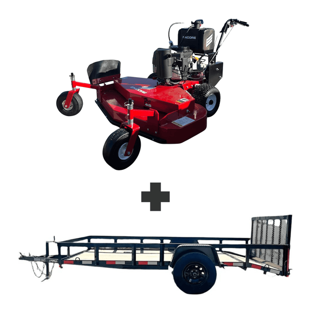 Bundle includes Encore 48 in walk-behind mower with 14.5 HP Kawasaki engine and a 5x10 utility trailer with 3500 lb axle and loading gate for hauling equipment.