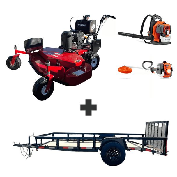 Bundle includes Encore 48 in walk-behind mower with 14.5 HP Kawasaki engine, Husqvarna 150BT blower, and Husqvarna 122L trimmer for mowing and yard cleanup.