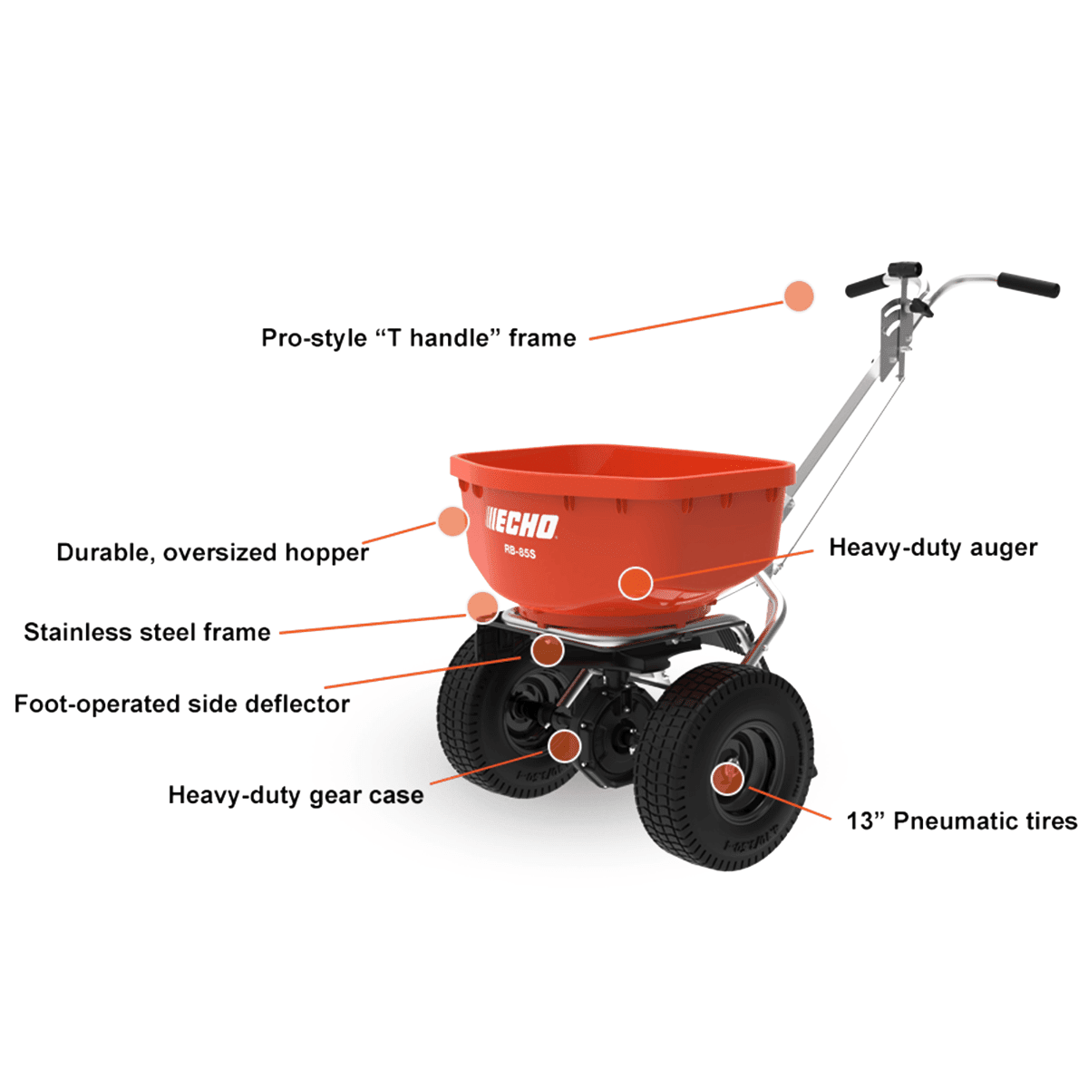 Echo RB-85S Lawn Spreader 85lb Hopper Stainless Steel Frame , General View. 