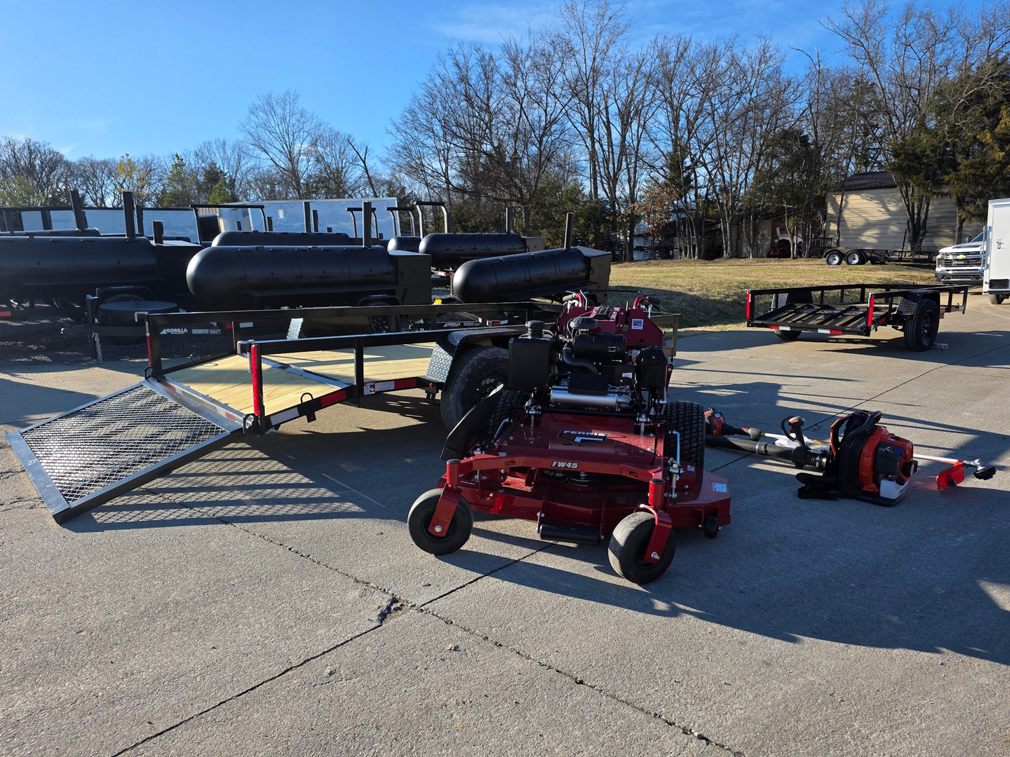 Ferris 5901891 FW45 52" Walk Behind Mower Util Trailer Handhelds Bundle front picture with ramp down view 