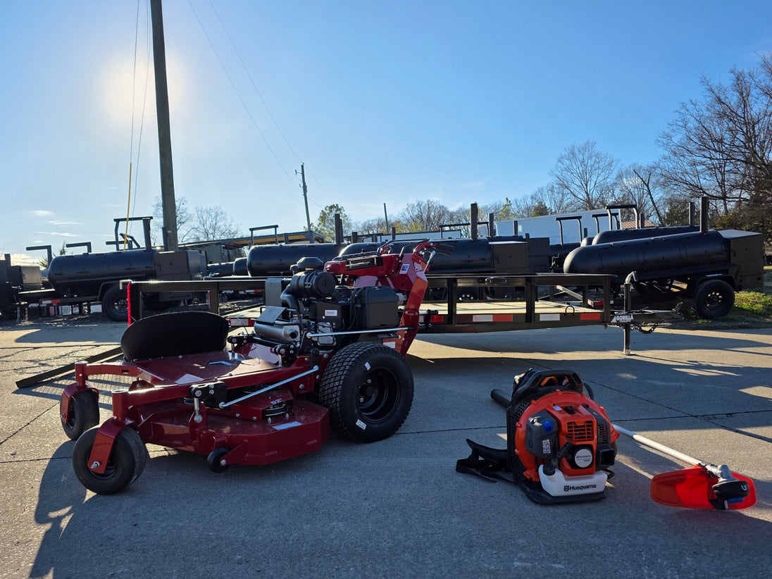 Ferris 5901891 FW45 52" Walk Behind Mower Util Trailer Handhelds Bundle front straight view picture with ramp down