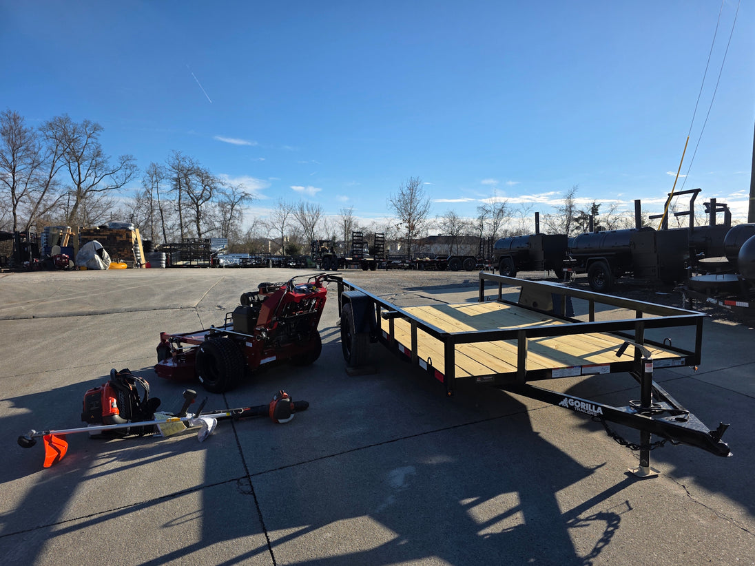 Ferris 5901891 FW45 52" Walk Behind Mower Util Trailer Handhelds Bundle right side view picture with ramp down 