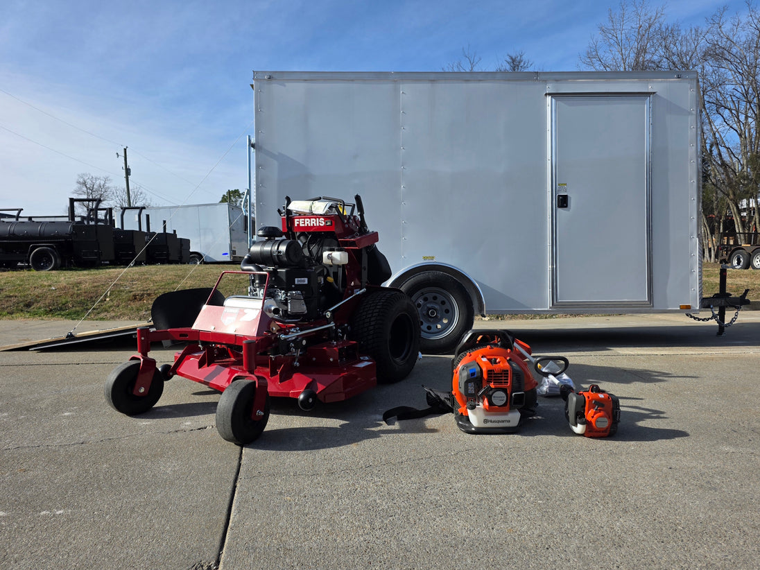Ferris 5901940 SRSZ1 48" Stand-On Mower 6x12 Enclosed Trailer Handheld Package front low view picture 