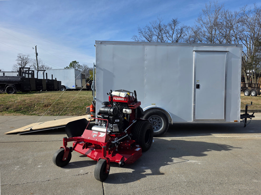 Ferris 5901940 SRSZ1 48" Stand-On Mower 6x12 Enclosed Trailer Handheld Package front mower view picture with ramp down