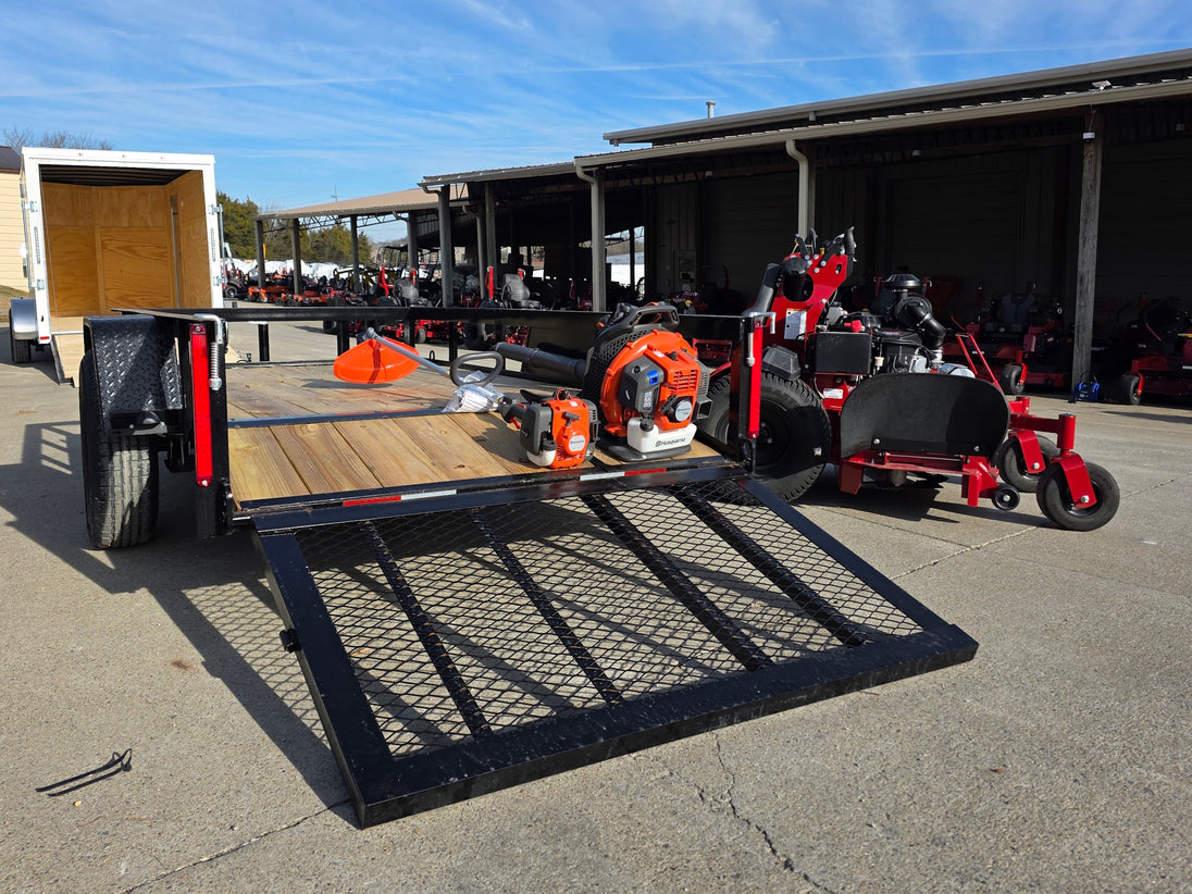 Ferris 5901940 SRSZ1 48" Stand On Mower 5x10 Utility Handheld Package rear left angled view picture with ramp down 