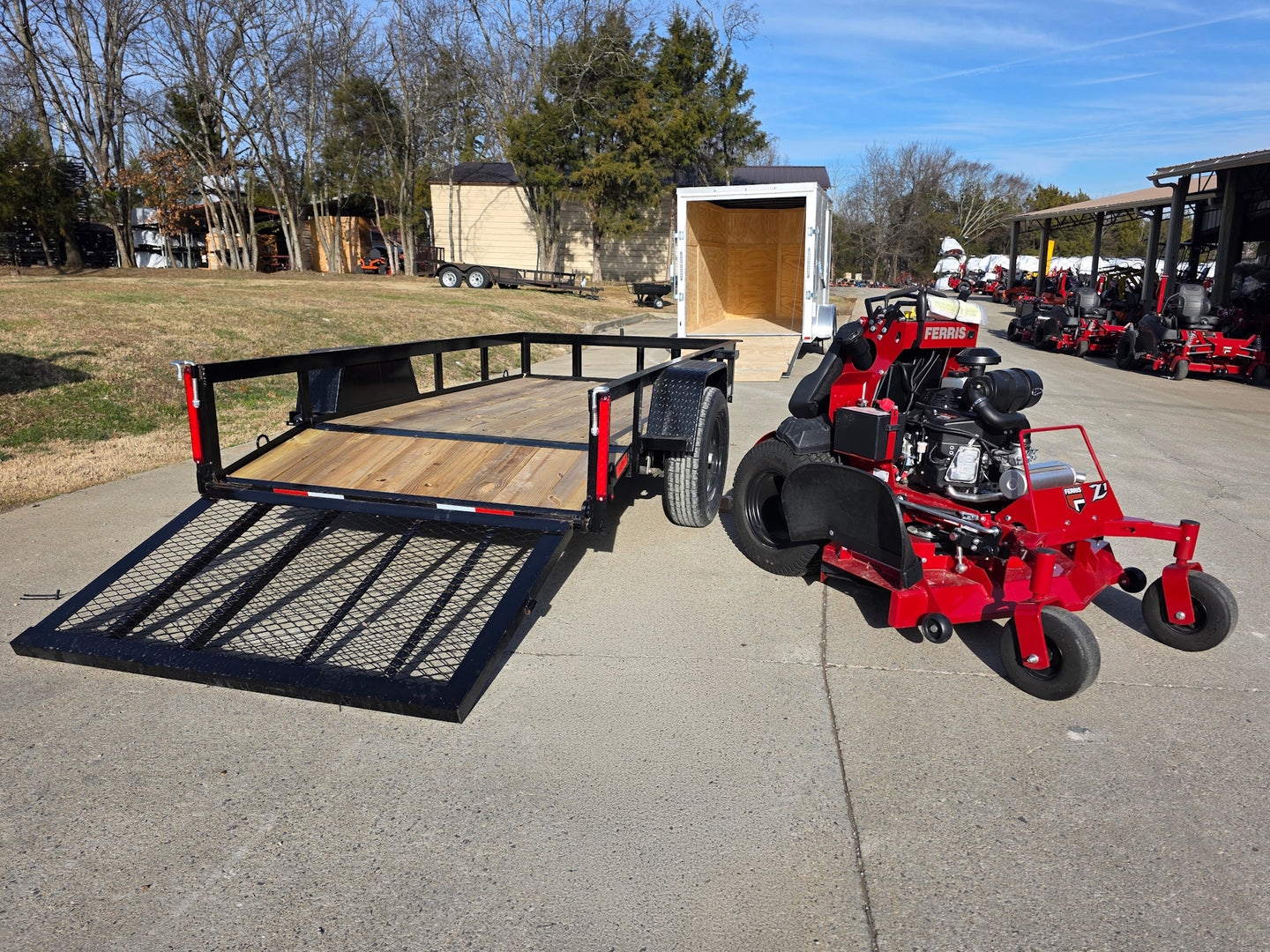 Ferris 5901940 SRSZ1 48" Stand On Mower 5x10 Utility Trailer Package (Instant Rebate Included) back angled view picture 