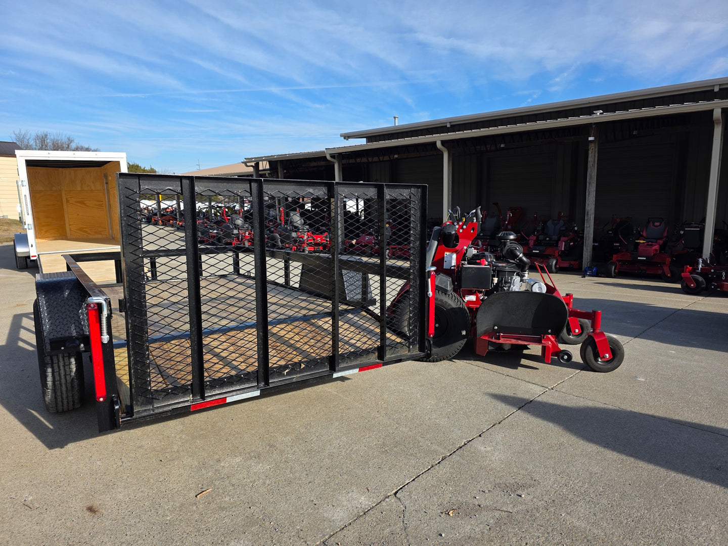 Ferris 5901940 SRSZ1 48" Stand On Mower 5x10 Utility Trailer Package (Instant Rebate Included) back left angled view picture 