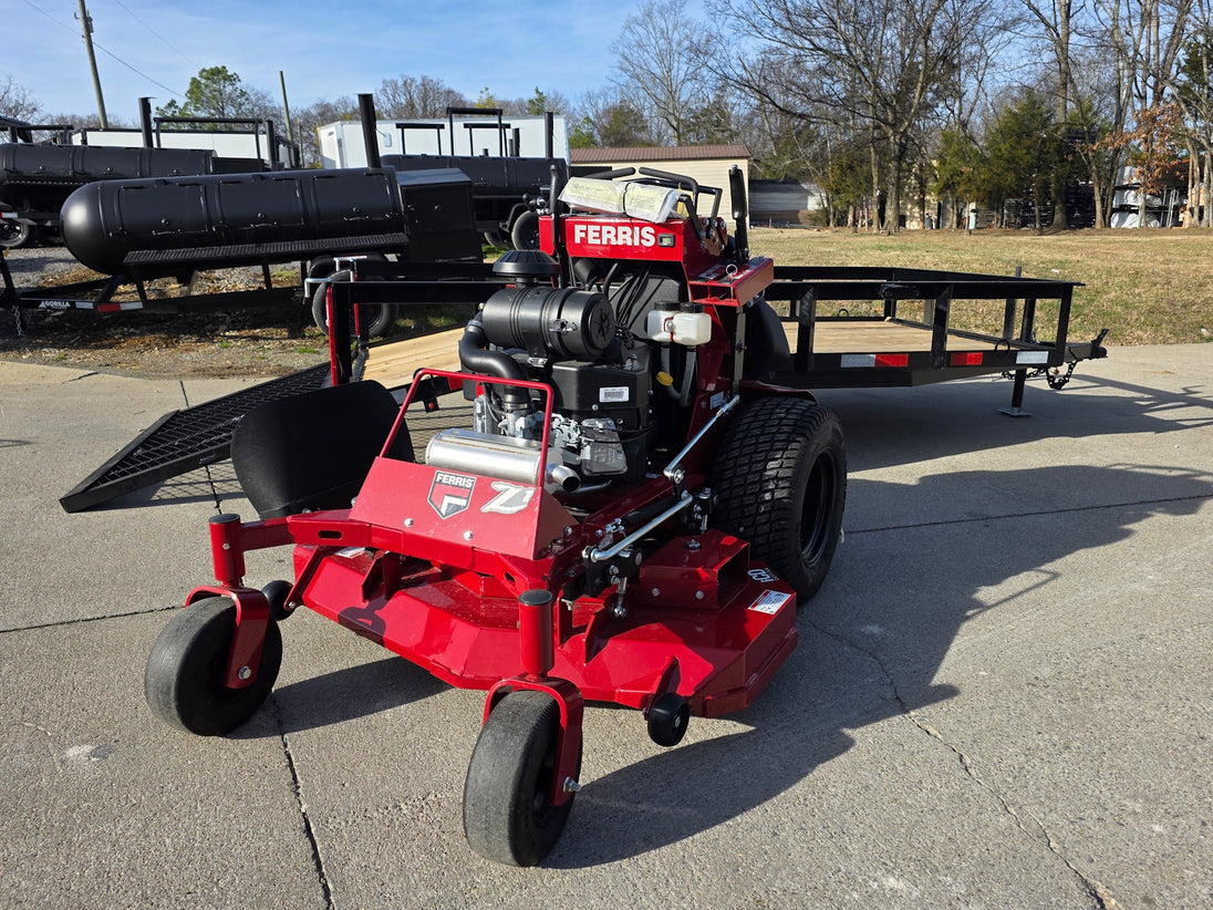 Ferris 5901940 SRSZ1 48" Stand On Mower 5x10 Utility Trailer Package (Instant Rebate Included) front view picture with ramp down 