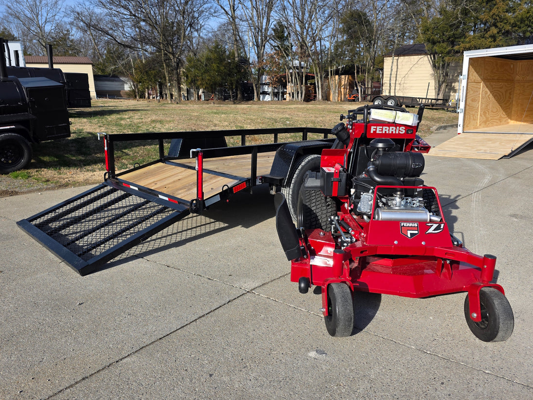 Ferris 5901940 SRSZ1 48" Stand On Mower 5x10 Utility Trailer Package (Instant Rebate Included) left view angled picture with ramp down