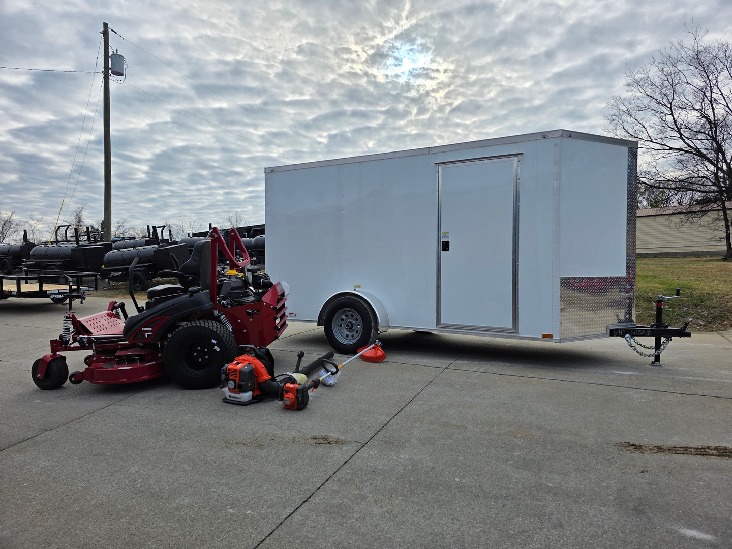 Ferris 5902064 ISX3300 60" Zero Turn Mower Encl Trailer Handhelds Bundle front right angled view picture 