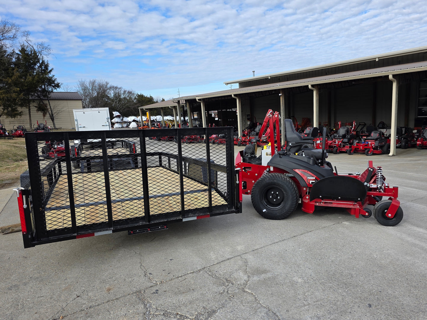 Ferris 5902064 ISX3300 60" Zero Turn Mower Util Trailer Bundle rear view picture with ramp up 