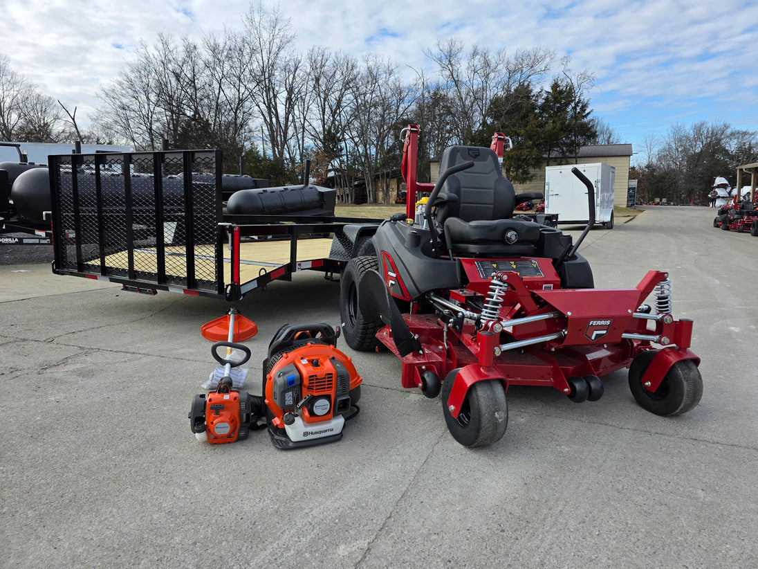 Ferris 5902064 ISX3300 60" Zero Turn Mower Utility Trailer Handheld Bundle front left angled view picture 