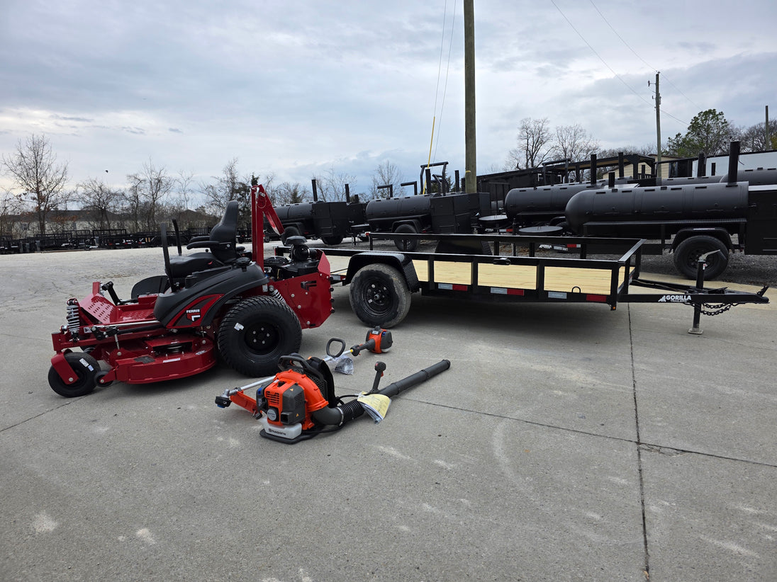 Ferris 5902065 ISX3300 60" Zero Turn Mower Util Trailer Handhelds Bundle (Instant Rebate Included) front right angled view picture 