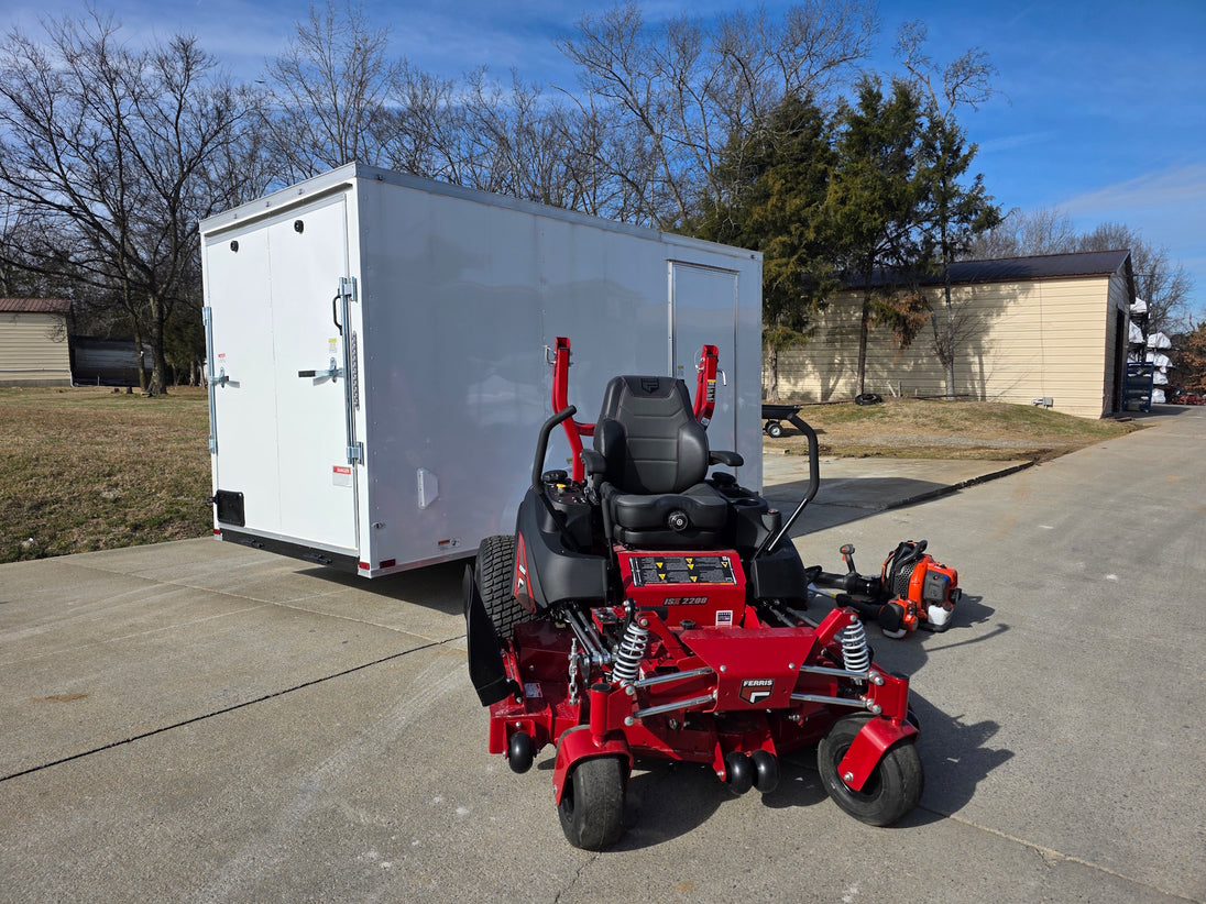 Ferris 5902078 ISX2200 60" Zero Turn Mower Encl Trailer Handhelds Bundle front left angled view picture 