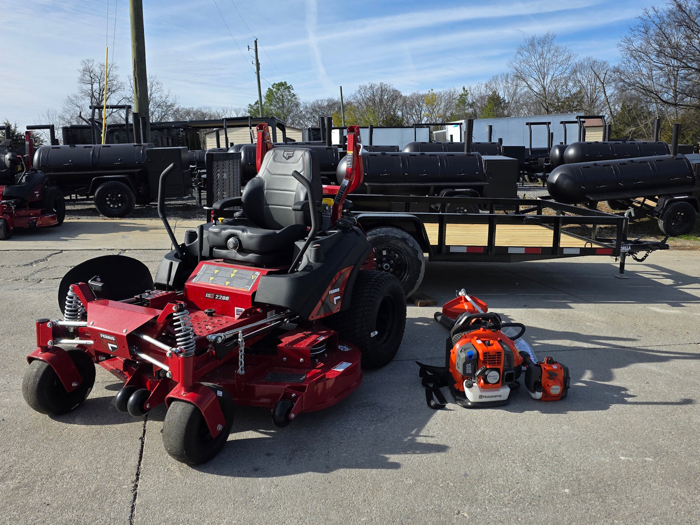 Ferris 5902078 ISX2200 60" Zero Turn Mower Util Trailer Handhelds Bundle front view picture