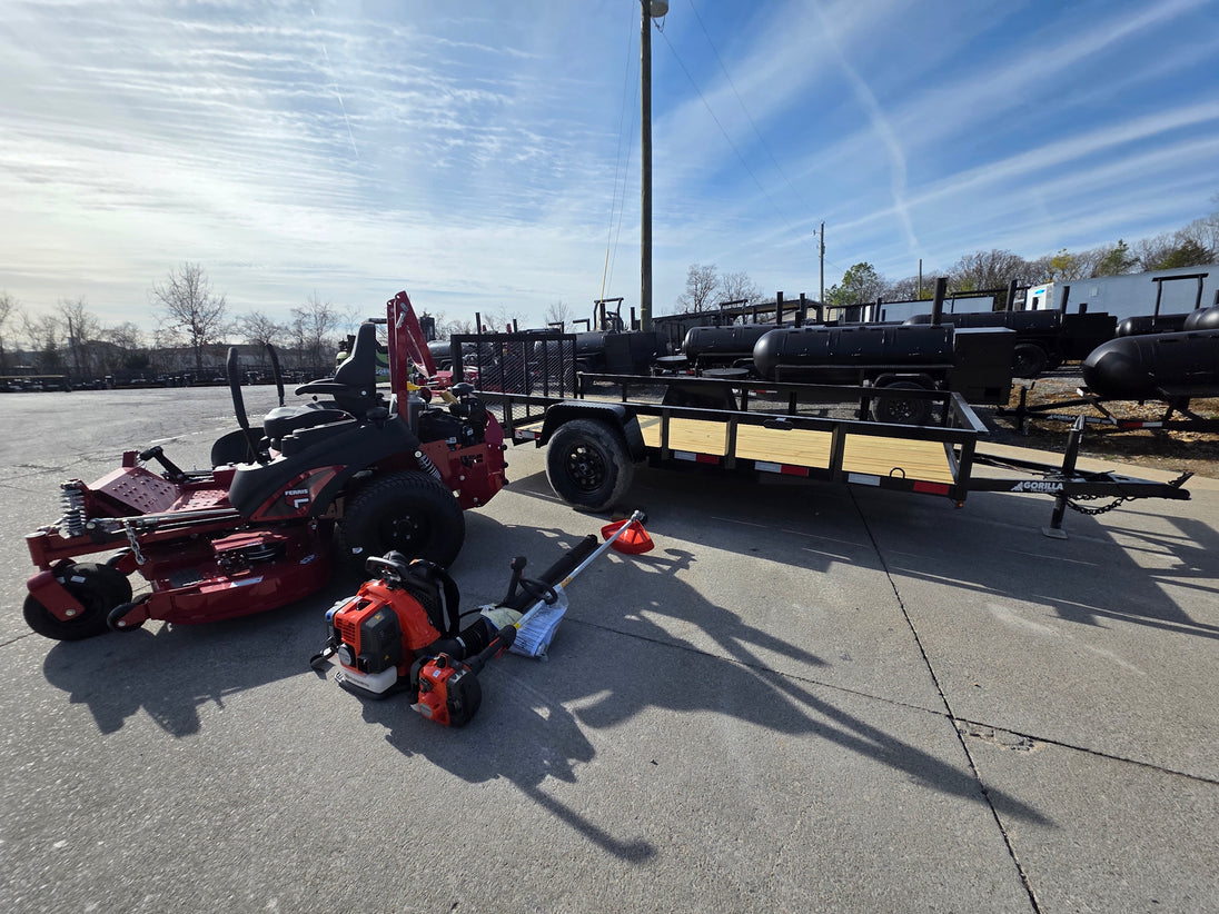 Ferris 5902078 ISX2200 60" Zero Turn Mower Util Trailer Handhelds Bundle front right angled view picture