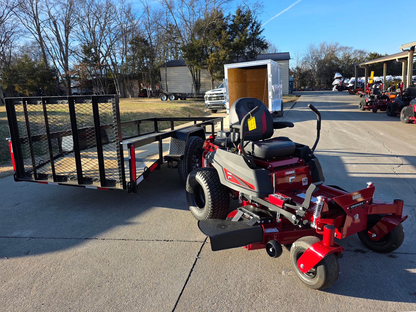 Ferris 5902101 500S 48" Zero Turn Mower Util Trailer Bundle front left angled view picture 
