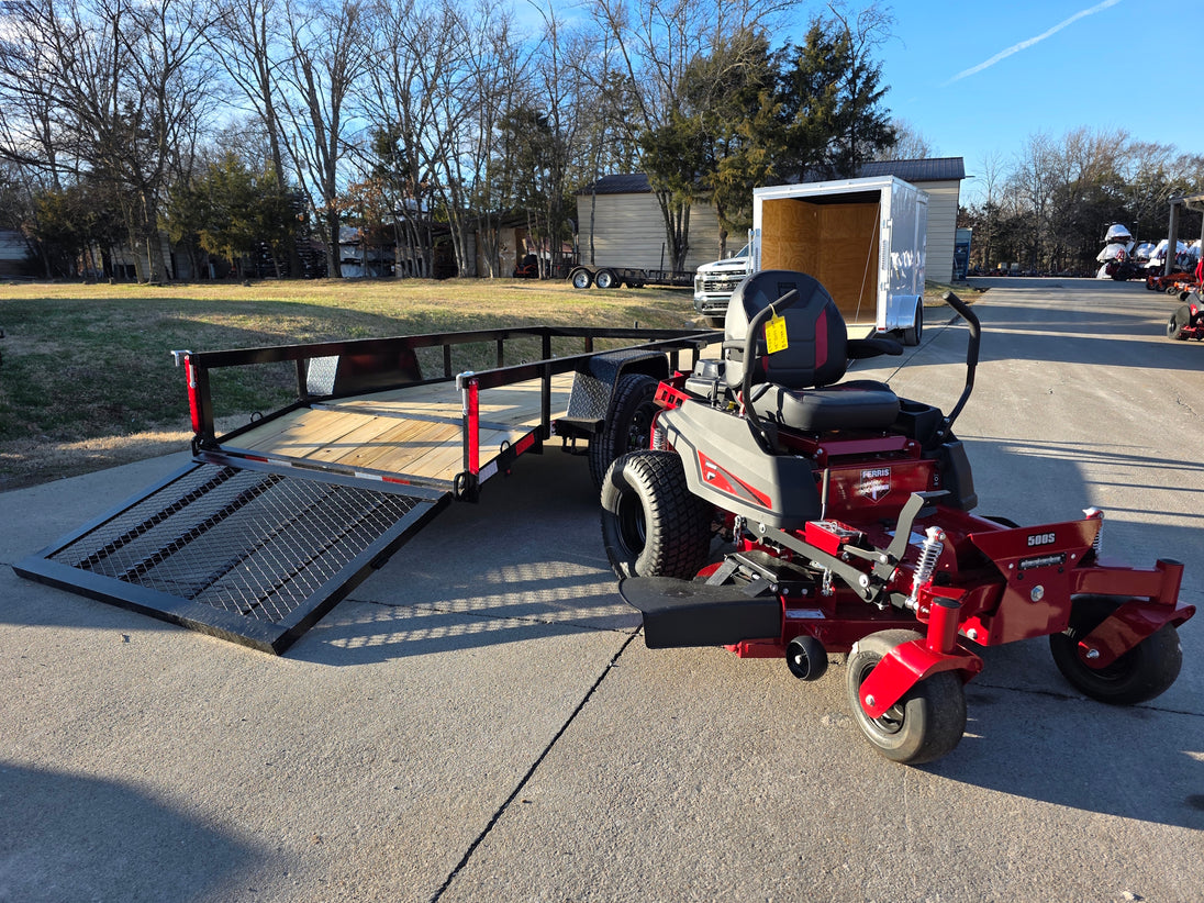 Ferris 5902101 500S 48" Zero Turn Mower Util Trailer Bundleleft angled view picture with ramp down 