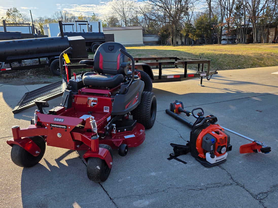Ferris 5902101 500S 48" Zero Turn Mower Util Trailer Handhelds Bundle angled view picture 