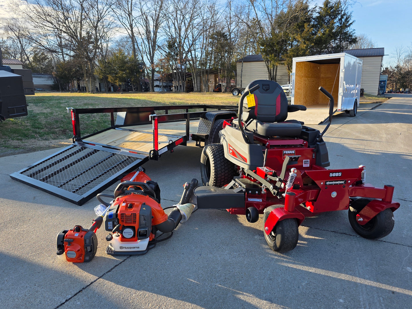 Ferris 5902101 500S 48" Zero Turn Mower Util Trailer Handhelds Bundle left  angled view picture 