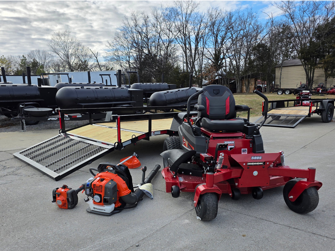 Ferris 5902103 61" 500S Zero Turn Mower Util Trailer Handheld Package left angled view picture with hand held 