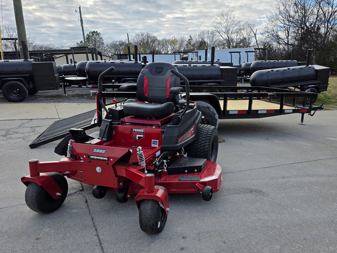 Ferris 5902103 61" 500S Zero Turn Mower Util Trailer Package front view picture with ramp down 