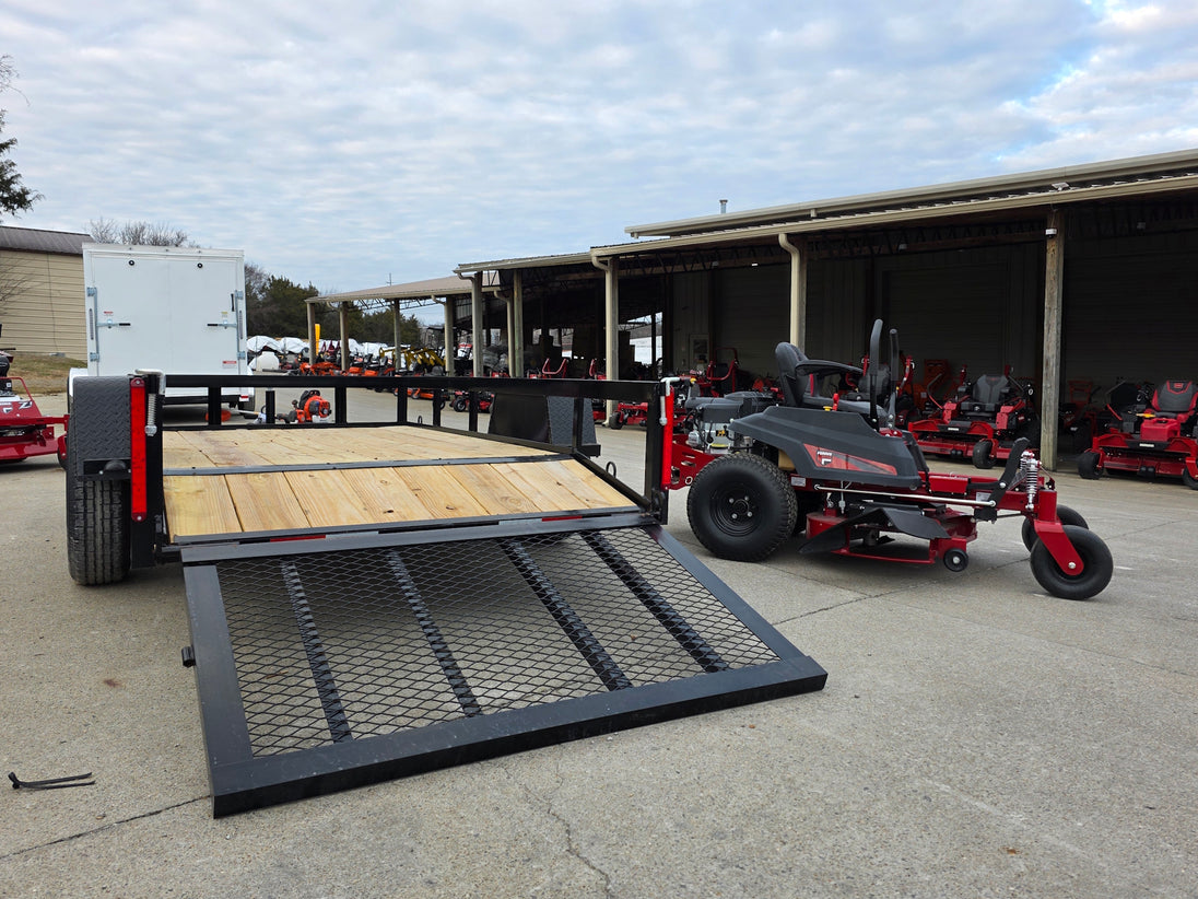 Ferris 5902144 42" 300S Zero Turn Mower Util Trailer Bundle back angled view picture with ramp down 