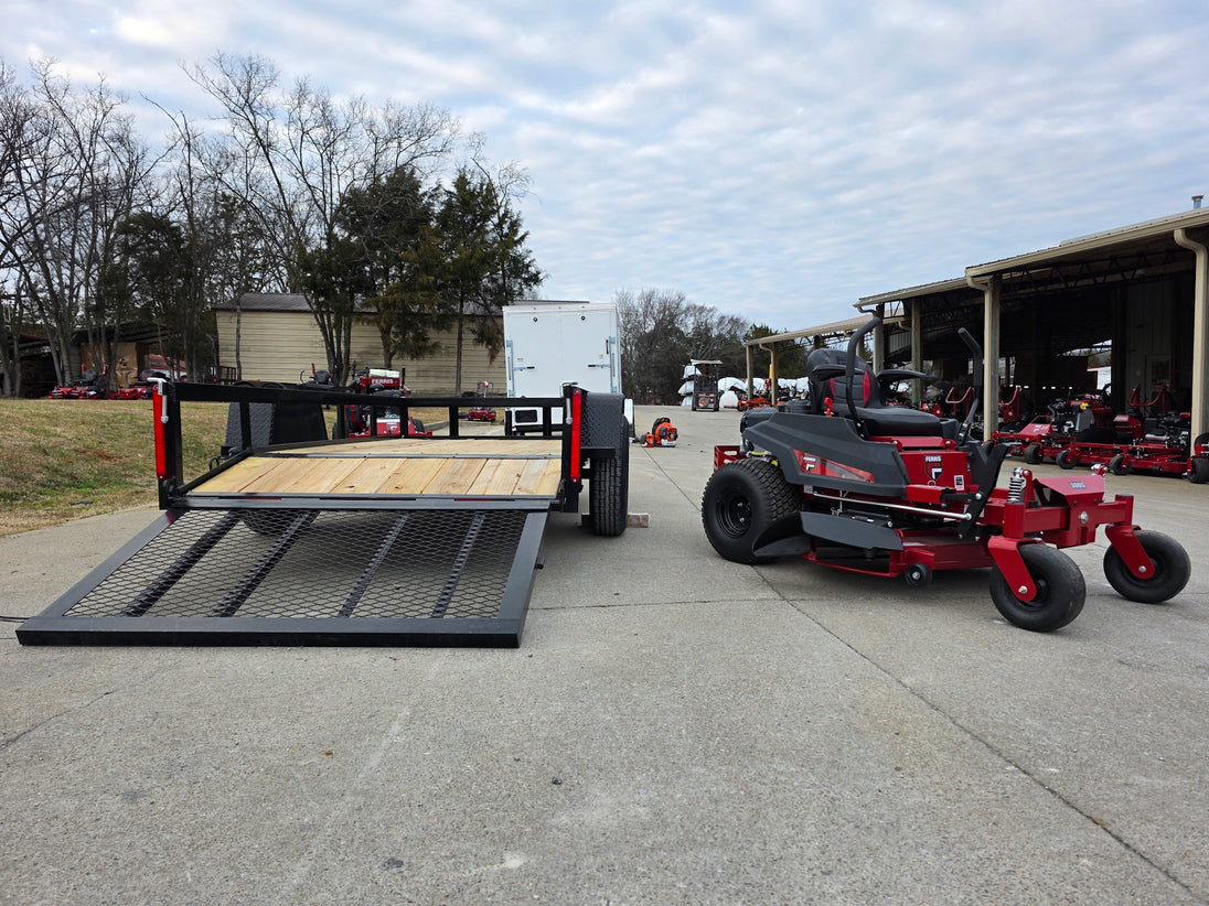 Ferris 5902144 42" 300S Zero Turn Mower Util Trailer Bundle left side view picture with ramp down