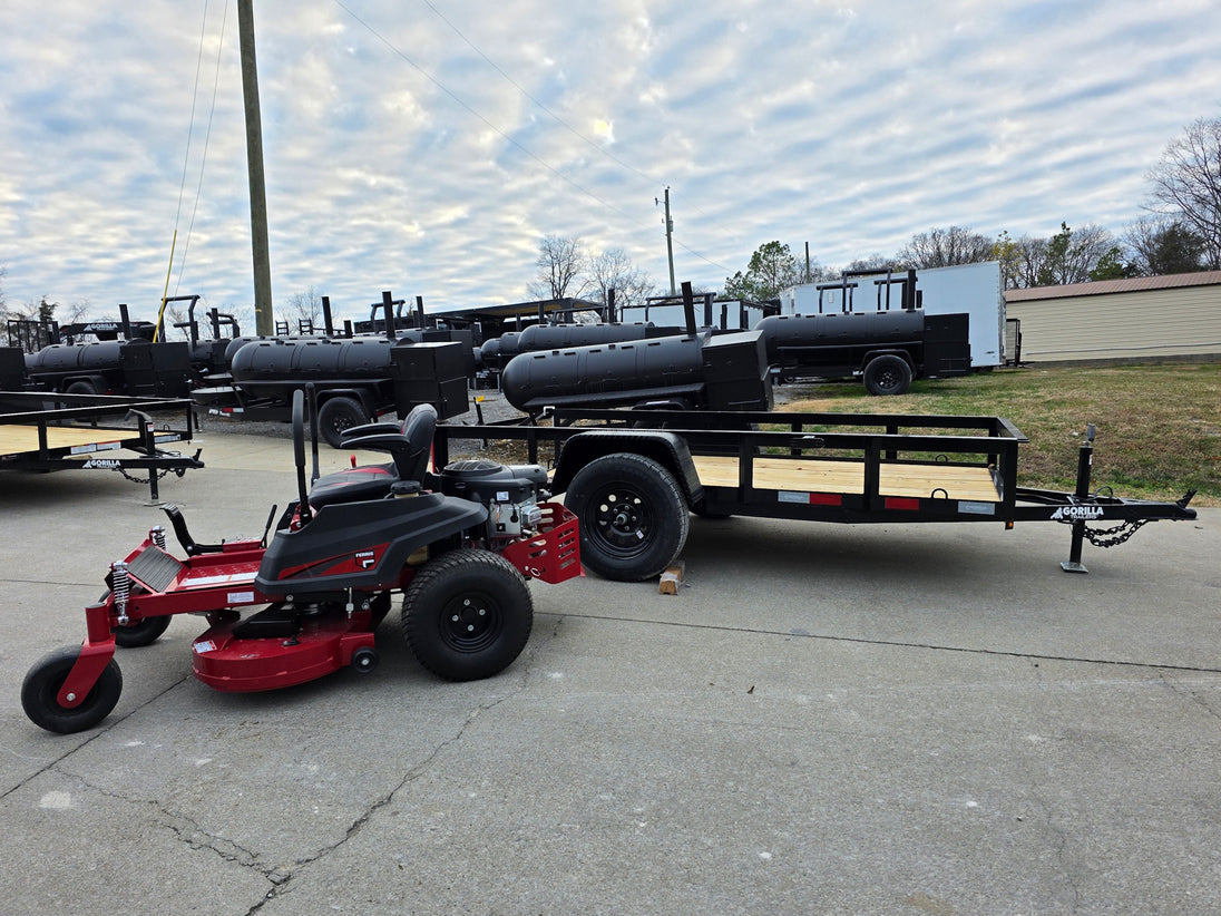 Ferris 5902144 42" 300S Zero Turn Mower Util Trailer Bundle right angled picture with ramp down 