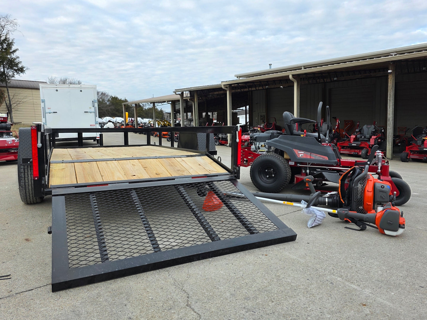 Ferris 5902144 42" 300S Zero Turn Mower Util Trailer Handheld Bundle back angled view picture 