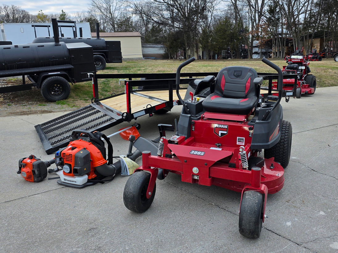 Ferris 5902144 42" 300S Zero Turn Mower Util Trailer Handheld Bundle left angled view picture 