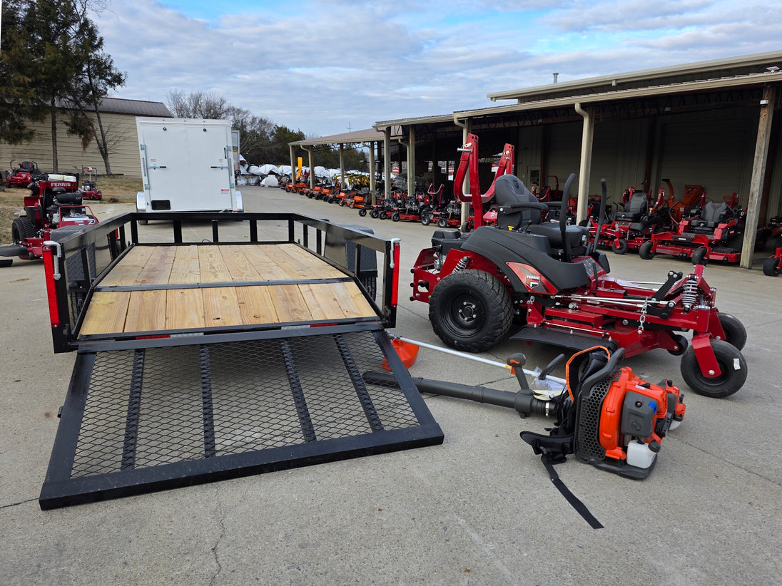 Ferris 5902154 52" ISX800 Commercial Zero Turn Mower Utility Trailer Handheld Bundle back angled view picture 