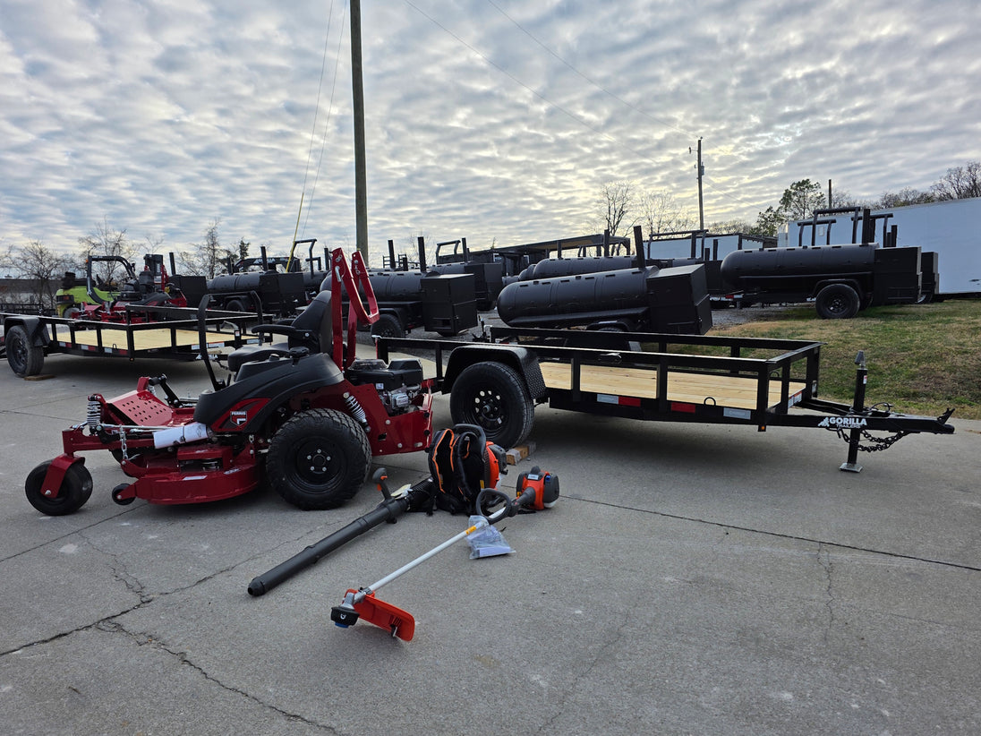 Ferris 5902154 52" ISX800 Commercial Zero Turn Mower Utility Trailer Handheld Bundle right angled view picture