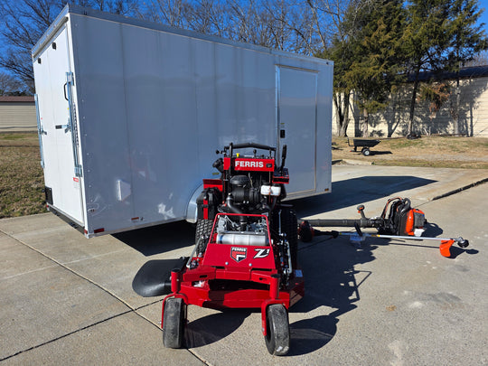 Ferris SRS Z1 36" 19HP 5901939 Kawasaki Stand-On Mower Handhelds Enclosed Trailer Bundle left angled view picture 